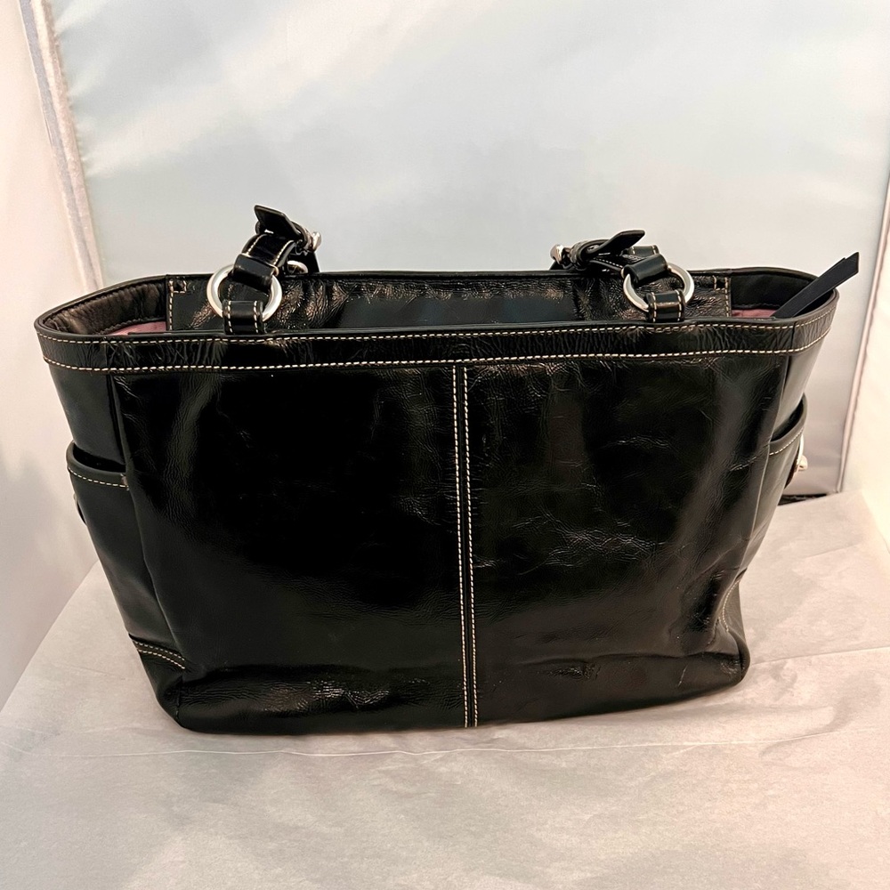 Coach East West Gallery Medium Tote Hand Bag Purse Black Patent Leather Logo - Picture 5 of 7